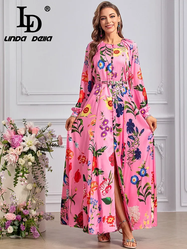 

LD LINDA DELLA Fashion Designer Autumn Dress Women's Bohemian Floral Print Single Breasted Sashes Split Temperament Dresses