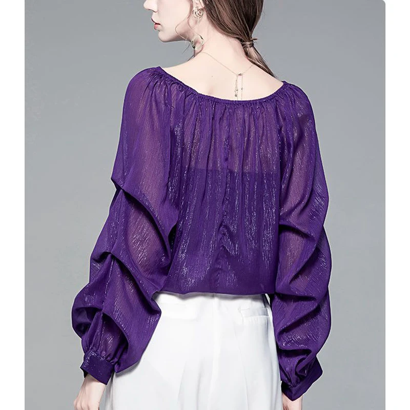 Women Fashion Elegant Sexy See Through Blouses Office Lady Luxury Bright Silk Commute Shirts O Neck Long Sleeve Solid Loose Tops