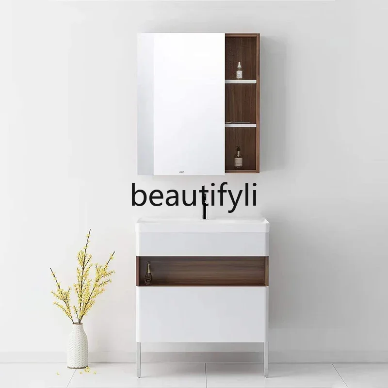 FG28Bathroom floor-to-ceiling solid wood vertical cabinet combination Nordic bathroom wall mirror cabinet with rack