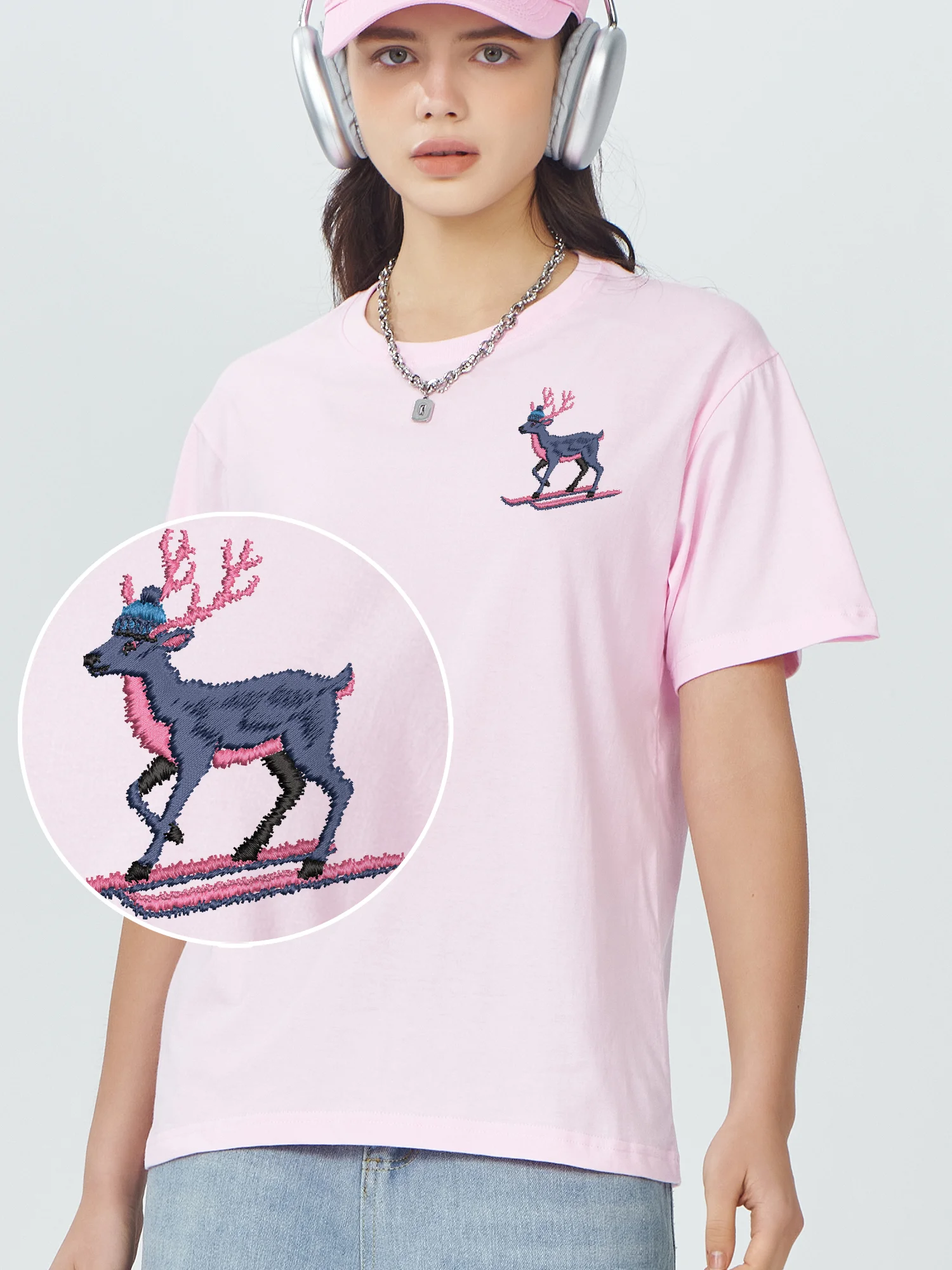 

Beautiful Deer Graphic Embroidered Tee Cotton Men Women High Quality Summer Fashion Casual Embroidery T Shirts