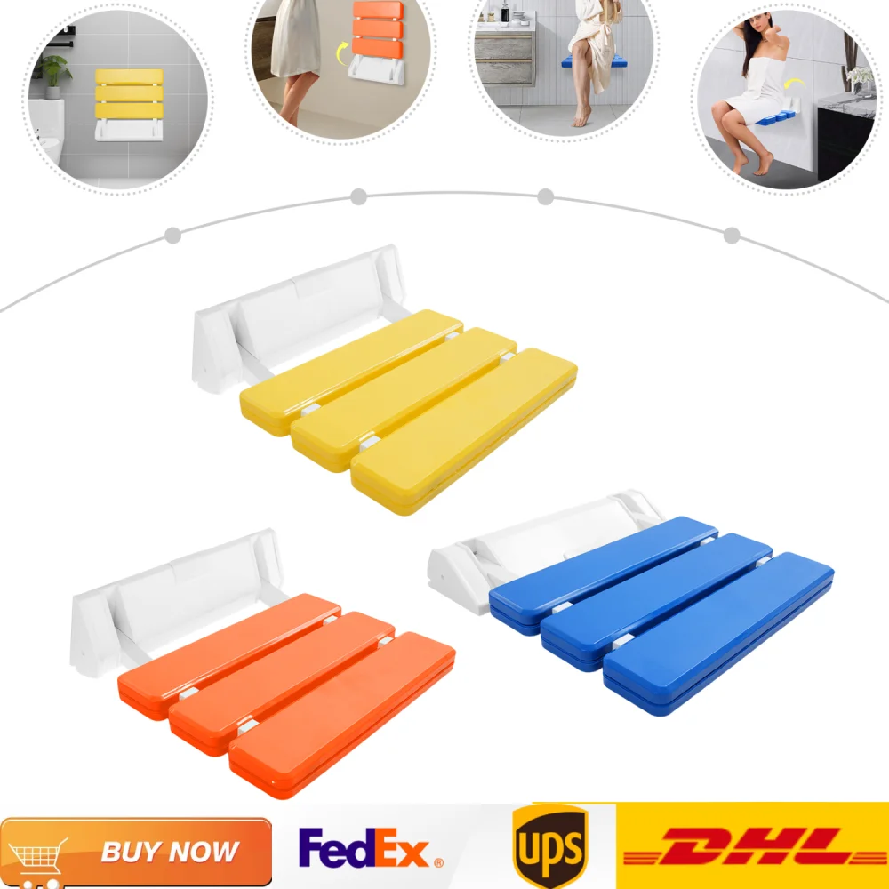 Stainless Steel Wall-Mounted 90 Degree Folding Chair | 130kg Heavy-Duty Space-Saving Seat Blue/White/Yellow/Orange