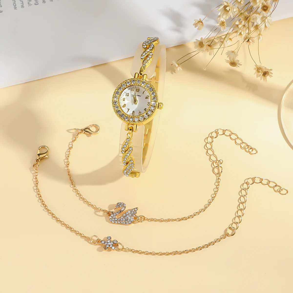 ساعة كوارتز بحزام فولاذي بقرص ماسي مستدير جديد للسيدات، سوار بجعة على شكل زهرة ماسية عصرية، عطلة نبيلة وجوية