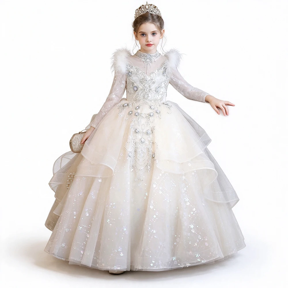 Luxury Girls Pageant Evening Wedding Bridesmaid Dress Translucent Long Sleeve Feather Tulle Ruffle Birthday Party Prom Gown Kids