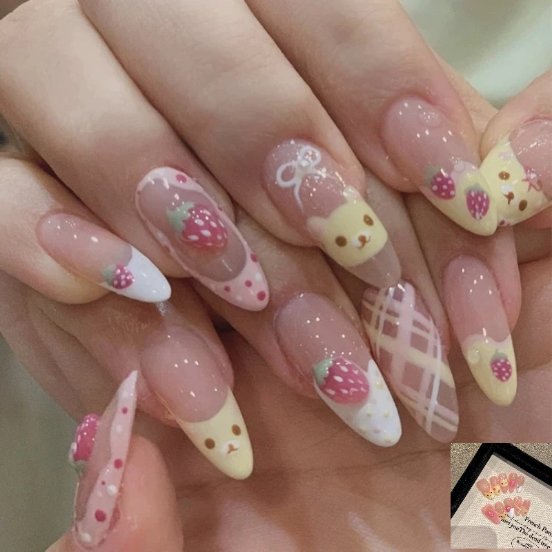 10Pcs Almond Press on Nails with Pink Strawberry Bear Design Acrylic False Nails Cute French Full Cover Nail Tips Summer Girl