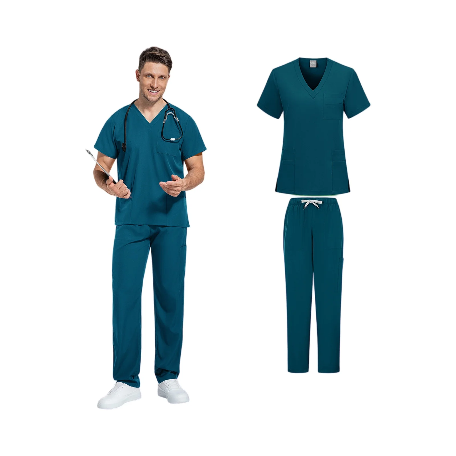 Wysokiej jakości, odporny na zagniecenia, oddychający strój medyczny, odzież robocza, uniform laboratoryjny, odzież medyczna, krótki rękaw, dekolt w serek, miękki, wytrzymały zestaw pielęgniarski.