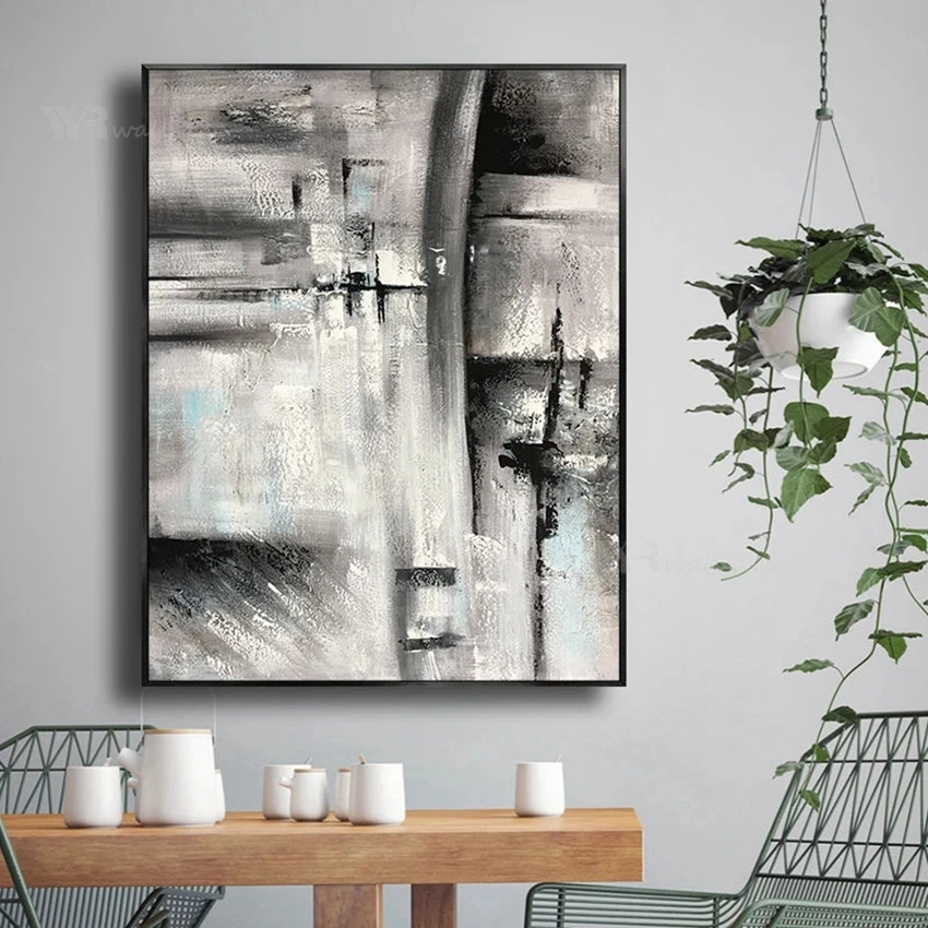 

Black and White Abstract Frameless Mural Hand Drawn Canvas Oil Painting Sofa Background Wall Decoration Art Custom Living Room