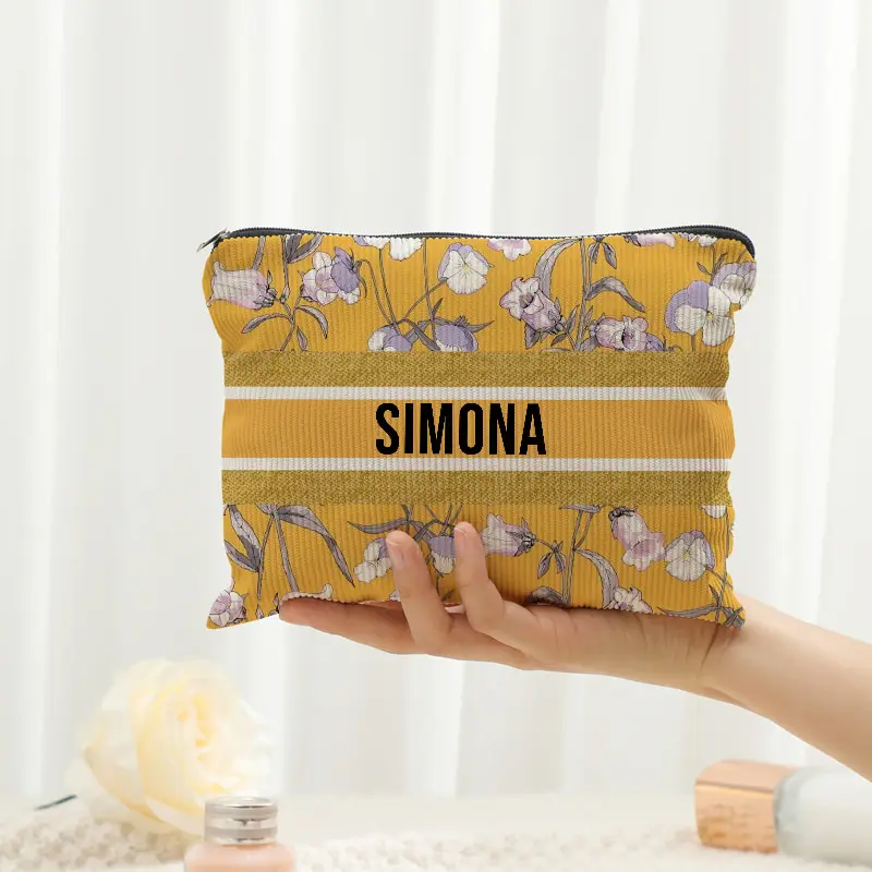 Personalized Custom Name Corduroy Makeup Bag Flower Print Cosmetic Pouch Portable Travel Toiletry Bag Festival/Bridesmaid Gift