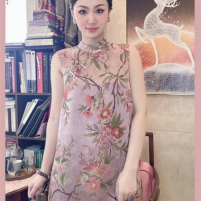 

New Chinese Style Cool Pink Sleeveless Printed Bottoming Dress for Women