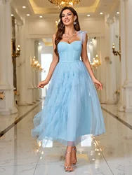 Sky Blue One Shoulder Slim Backless Dresses For Women Tulle Bridesmaid Dress Wedding Party Guest Mermaid Sleeveless Evening Gown