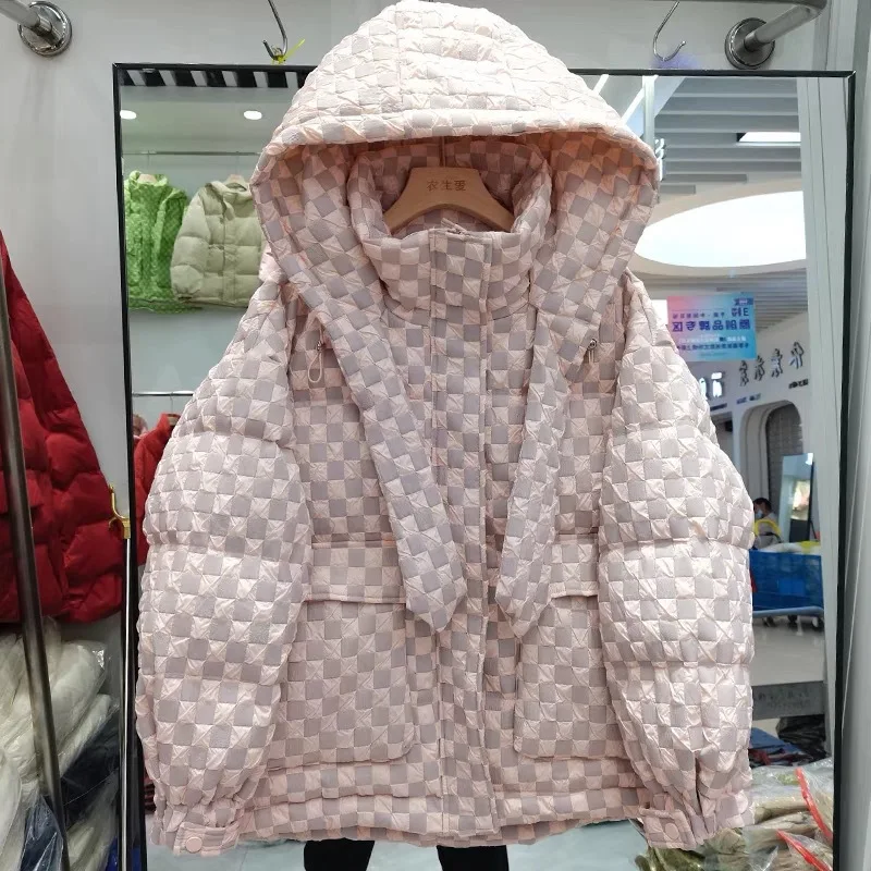 2023 Winter New Down Jacket - Fashion Hooded Chessboard Plaid Casual Stand Collar Loose White Duck Down Thick Warm Jacket