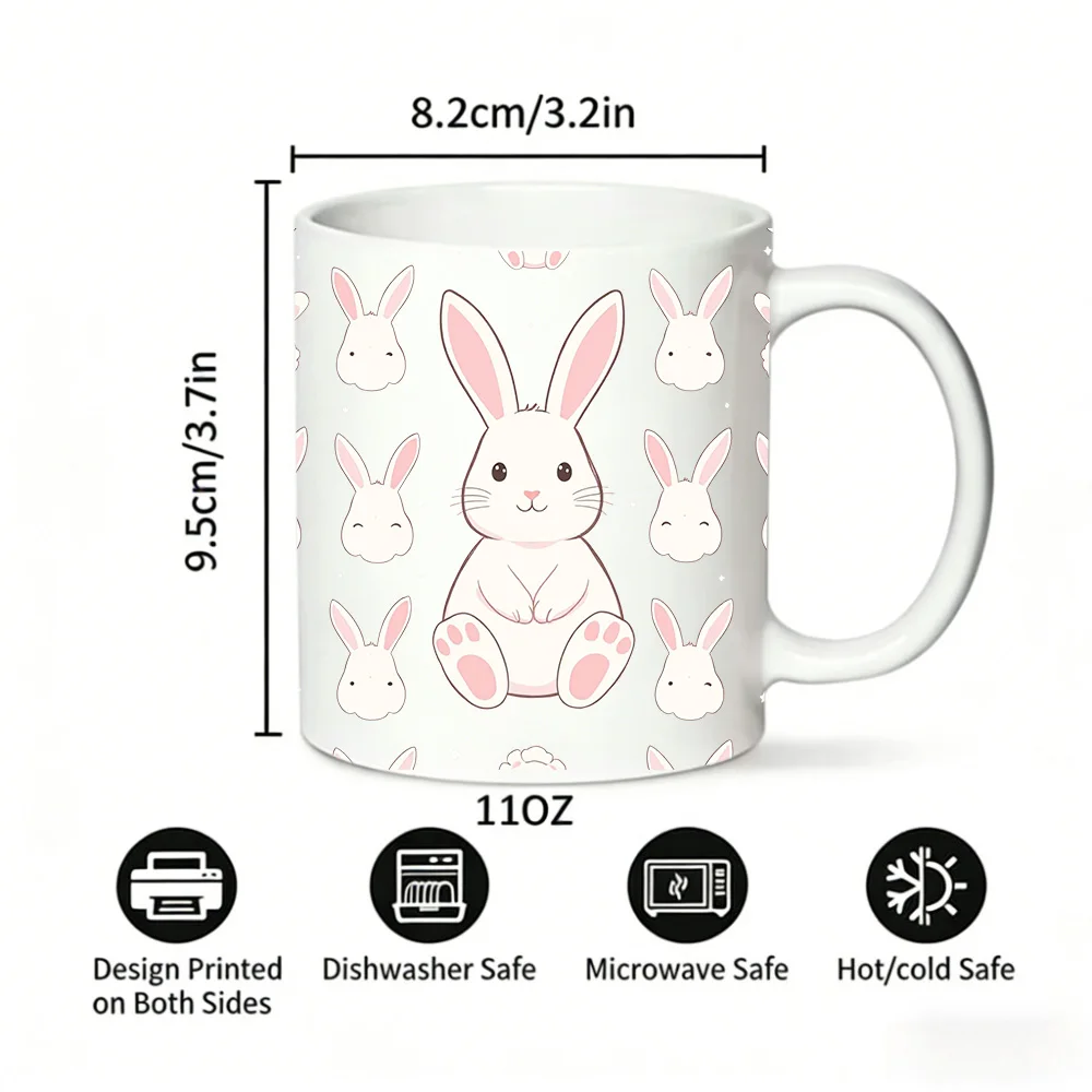 1PCS Soft Cute White Rabbit Face Full-Print Ceramic Mug, Coffee Cup, Milk Cup, Office Tea Cup, Drinking Cup, Fade-Resistant