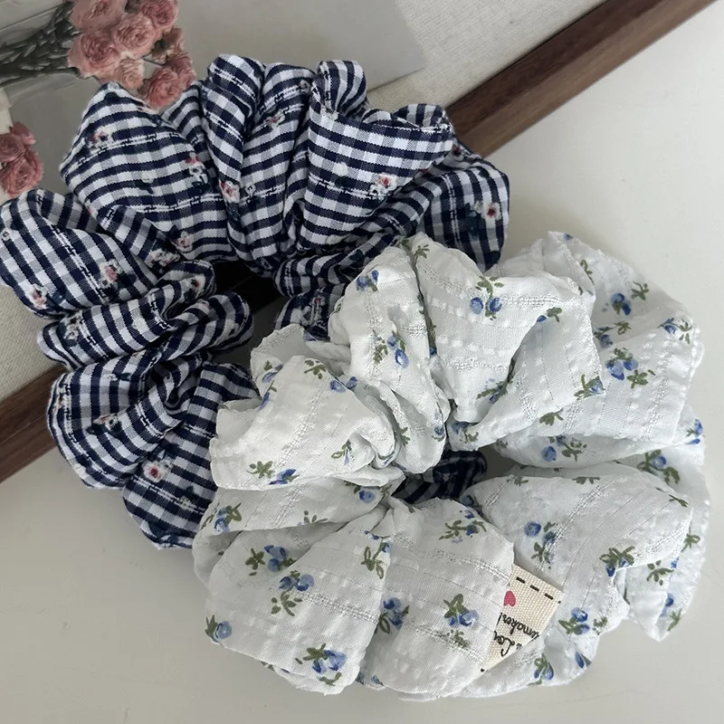 New Vintage Fabric Scrunchies Flower Plaid Grid Hair Ties Women Hair Accessories Ponytail Holder Elastic Hair Band Rubber Bands