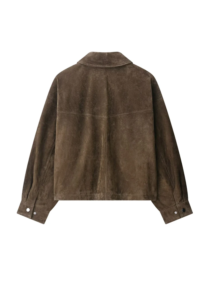 เสื้อแจ็คเก็ตบอมเบอร์หนังเทียมแฟชั่นผู้หญิง แขนยาว มีกระเป๋าปะด้านหน้า เสื้อคลุมผู้หญิง สไตล์เก๋ไก๋