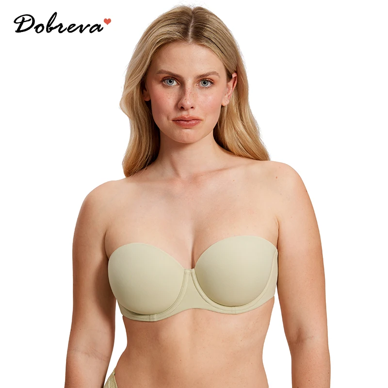 

DOBREVA Women's Strapless Bra Lightly Padded Supportive Tshirt Plus Size Full Coverage Convertibe Underwire for Big Bust