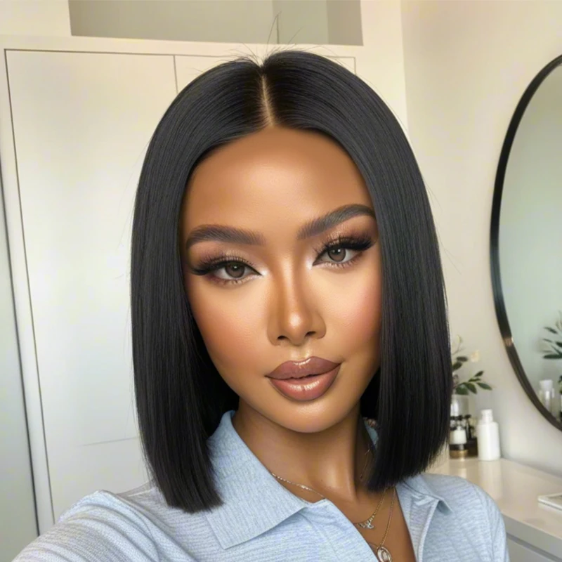 

12 inch black center parted synthetic wig, fashionable and versatile, slim face shape, high density, suitable for all women to w