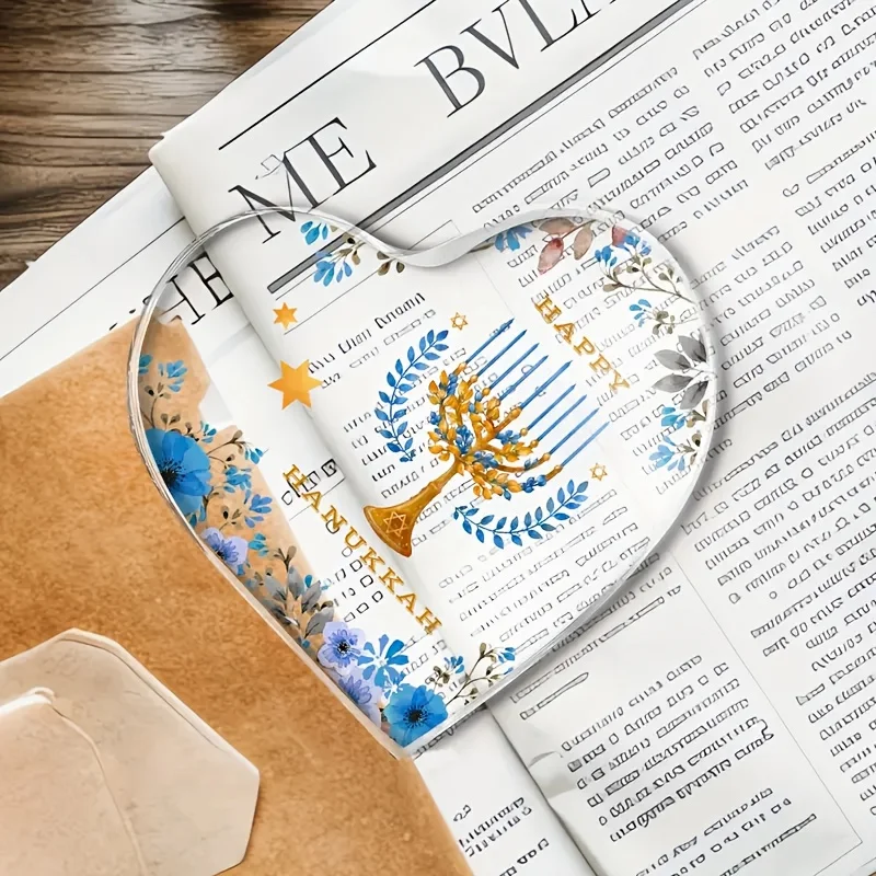 CIFBUY Acrylic Plaque 2D Flat Heart Hanukkah Menorah Floral Desktop Decor Home Office Ornament Gift