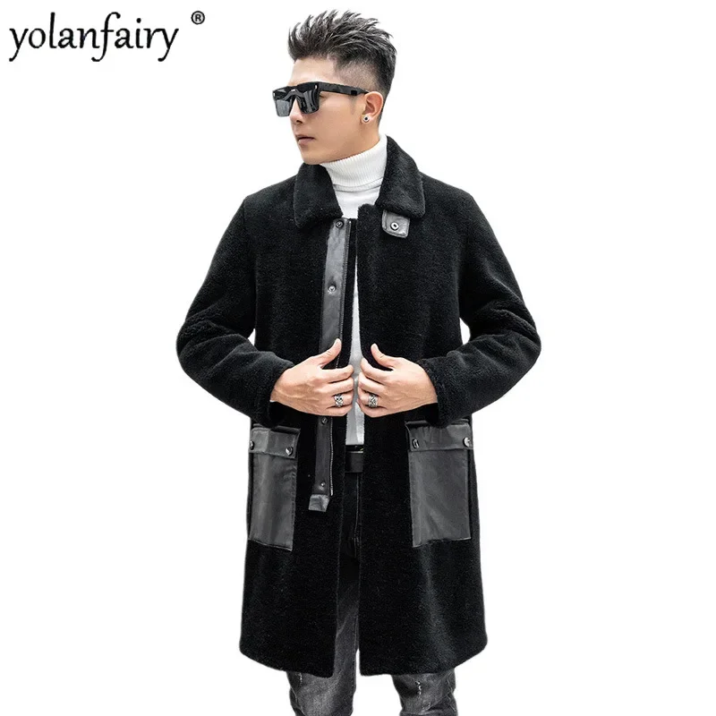 

Genuine Leather and Fur Coat Men's Midi Long Lapel Real Lamb Fur Jacket Coats Men Sheepskin Fleece Jackets Male Winter Clothes F