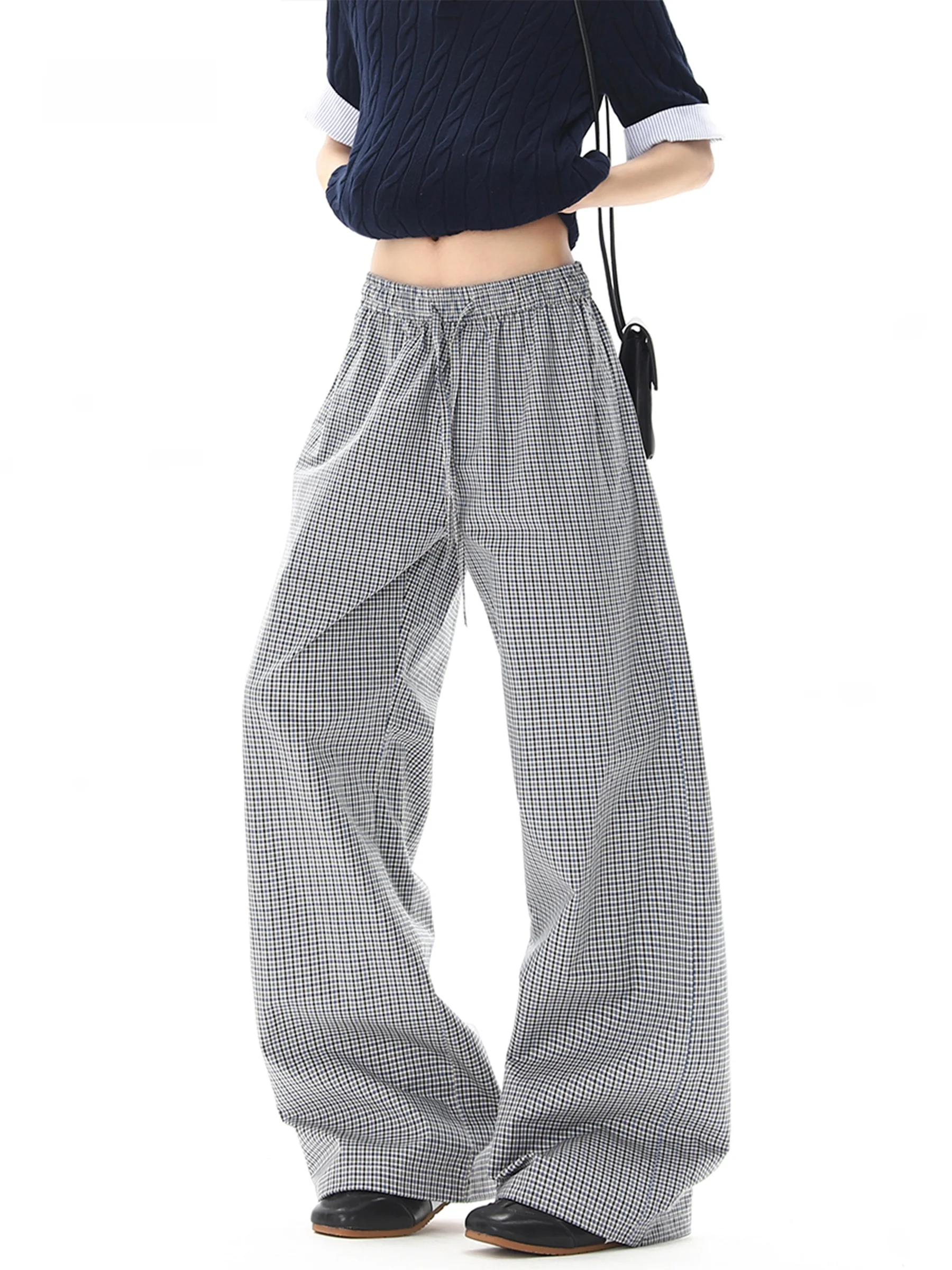 

American Retro Plaid Drawstring Casual Pants Loose Straight Thin Summer Trousers for Women Wide Leg Pants Casual Style