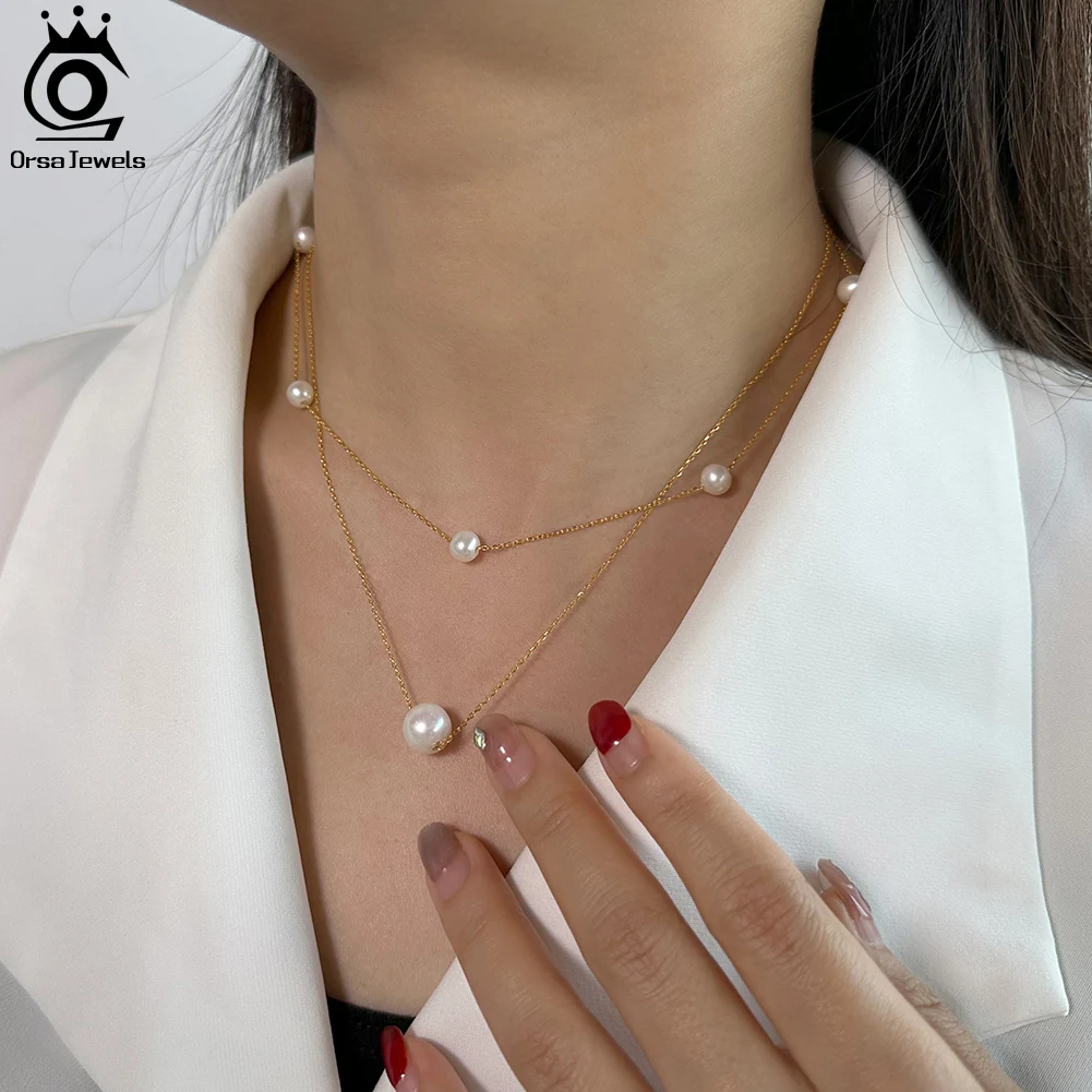 

ORSA JEWELS Women's Pearl Necklace 14K Gold Plated Double Layers Freshwater Pearls Collarbone Neck Chain Gift Adjustable GPN31