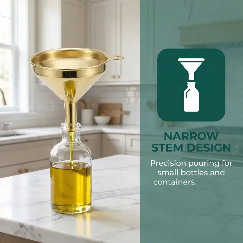 3 Pieces Gold Kitchen Funnel Set Narrow Valve Rod Small Stainless Steel Funnel Metal Food Grade Mini Hopper