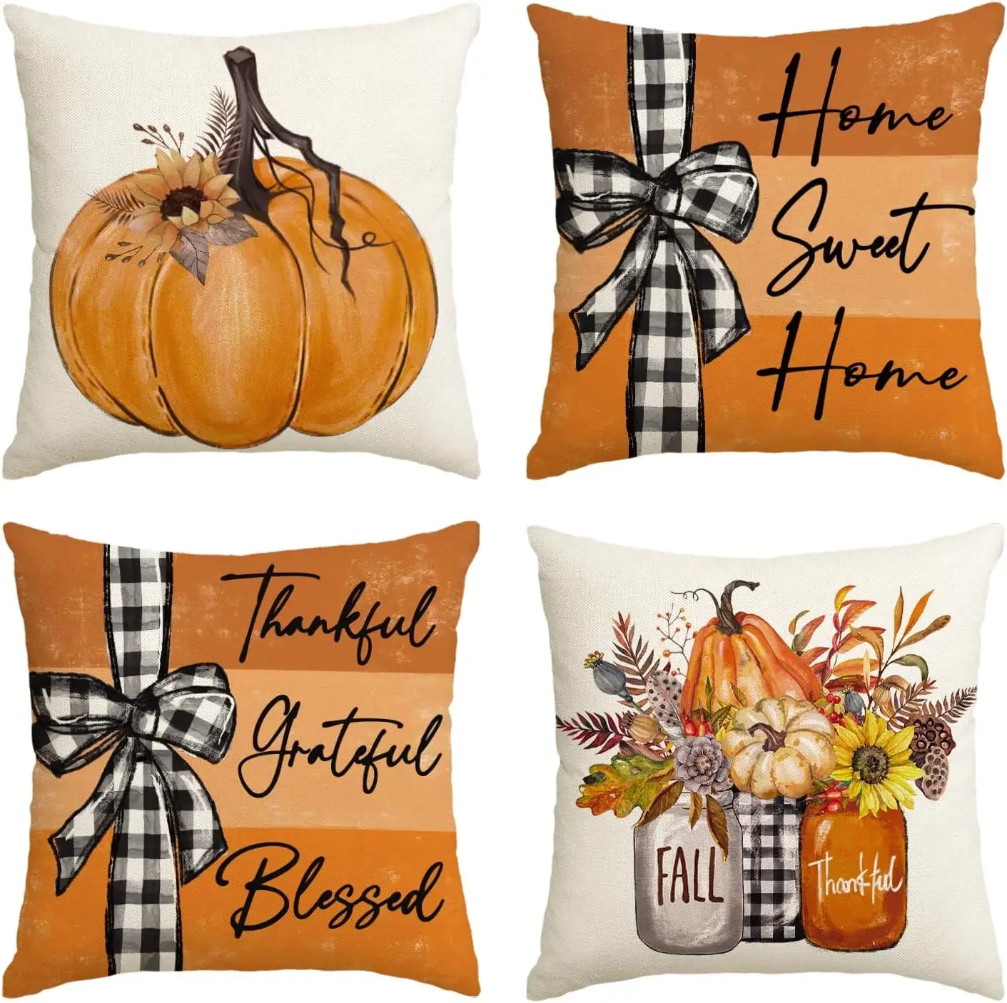 Fall Pumpkin Home Sweet Home Throw Pillow Covers,  Grateful Blessed Harvest Orange Decorations for Sofa Couch Cushion Covers