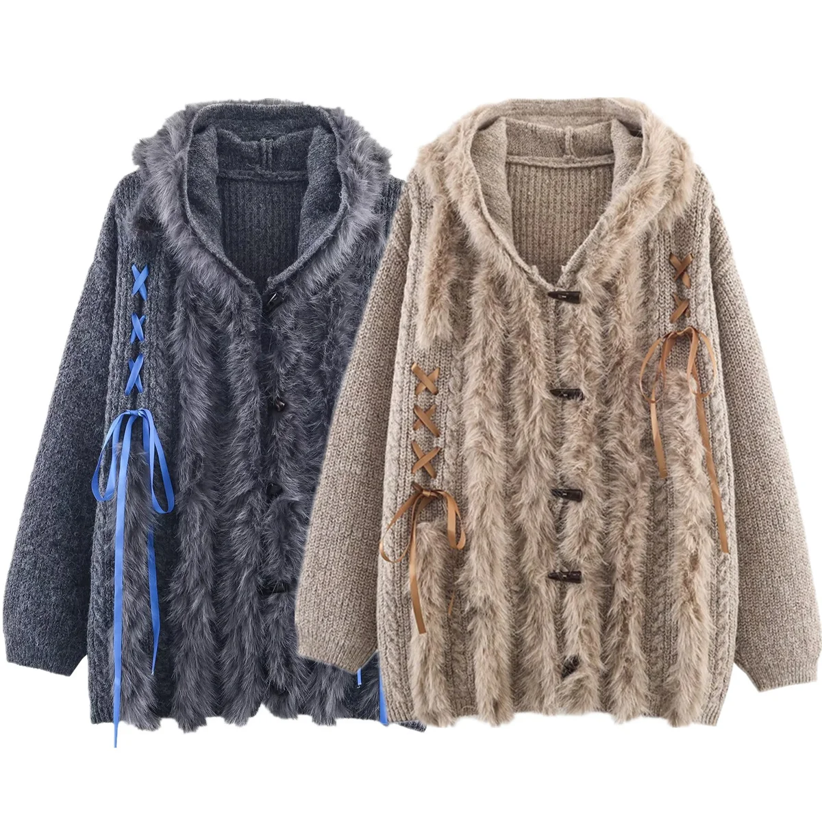 

Dave&Di Nordic Minimalist Artificial Fur Patchwork Knitted Coat Women's Jacket Woman Clothes Women's Winter Hooded Jacket