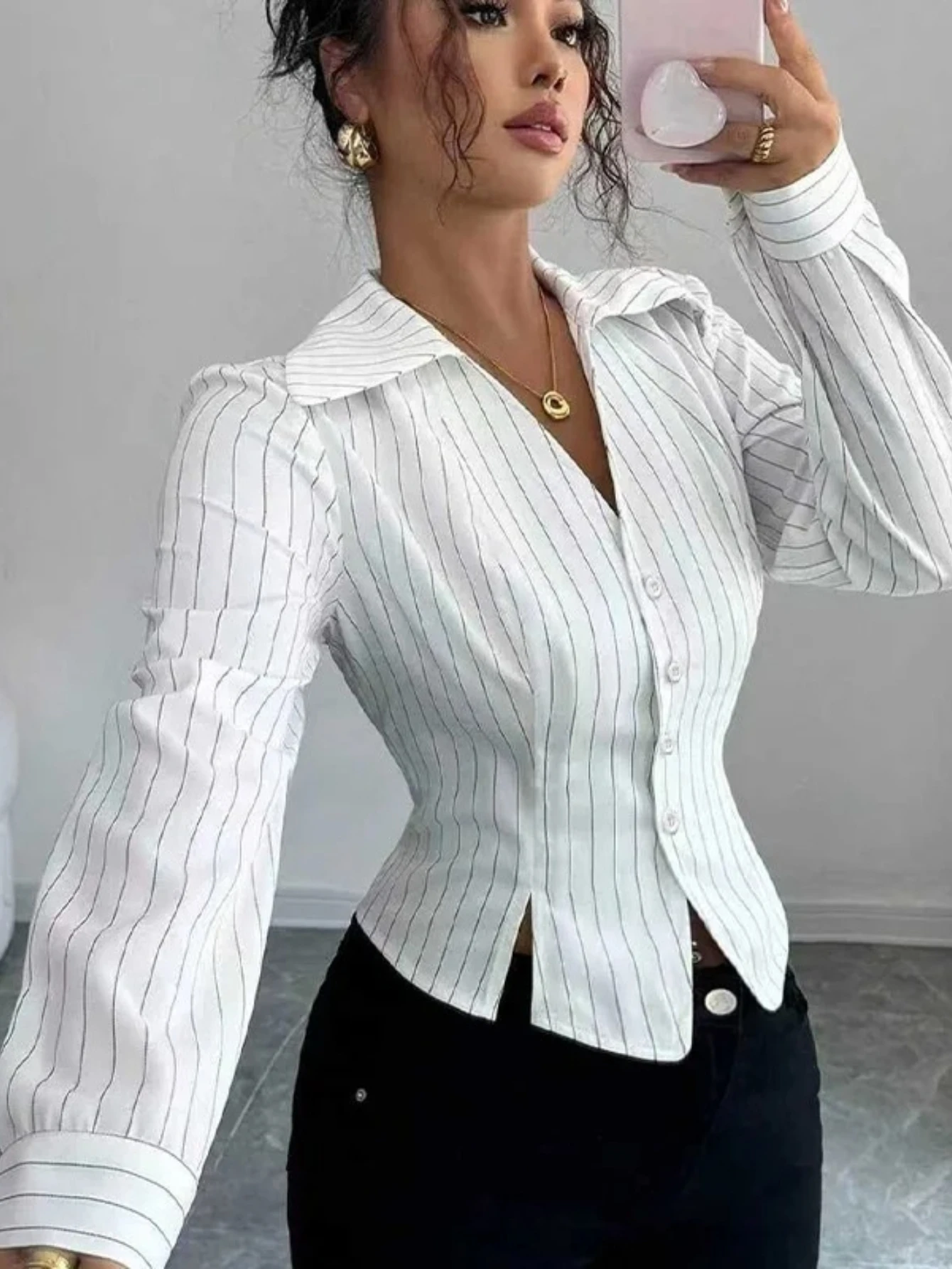 

Elegant Striped Long Sleeve Women's Shirt Autumn New Arrival Polyester Fiber Digital Printing Slim Fit Commute Style