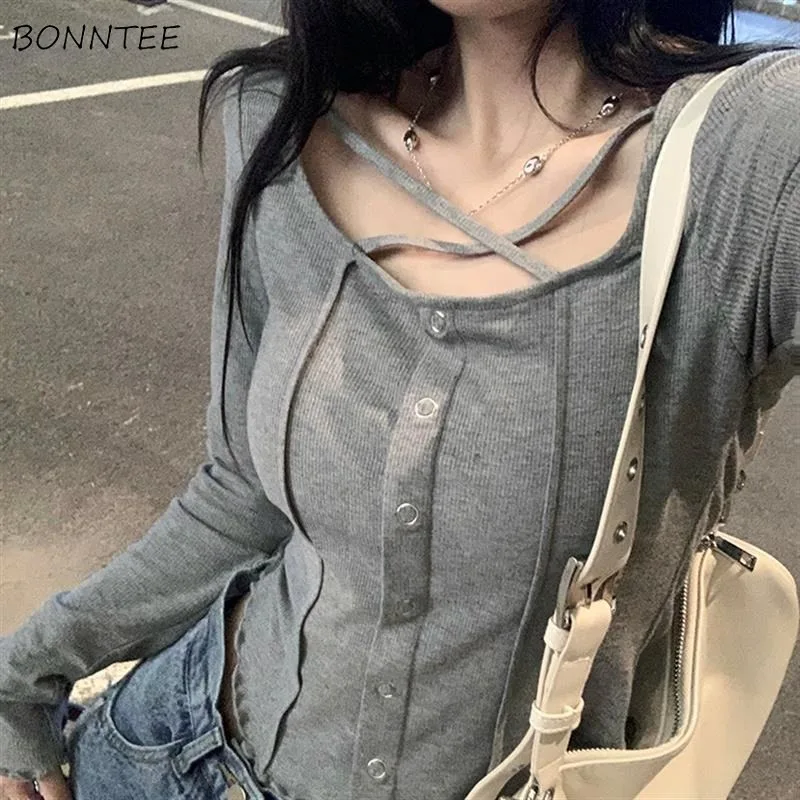 

Grey Hoodies Women Slim Rivet Hotsweet Temperament Female Knitting Jumpers Blusas Criss-cross New Autumn High Street Chic Girl