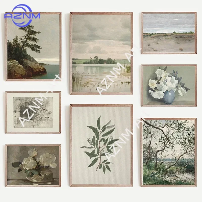 Neutral Beige Landscape & Floral Wall Art Prints - Vintage Painting Posters for Modern Living Room Decor