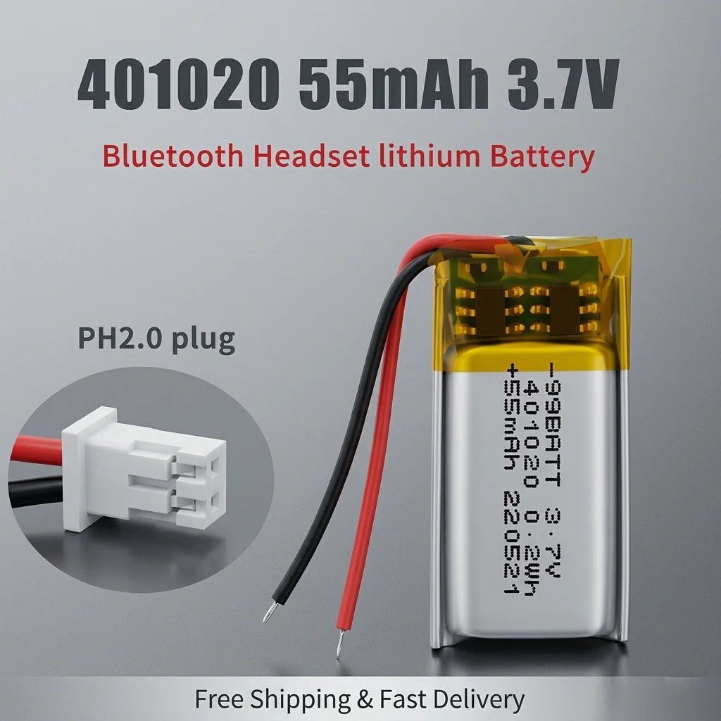 

3.7V 55mAh 401020 Rechargeable Li-Polymer Battery for Wireless Bluetooth Headset, Mini Camera, and MP3 Player