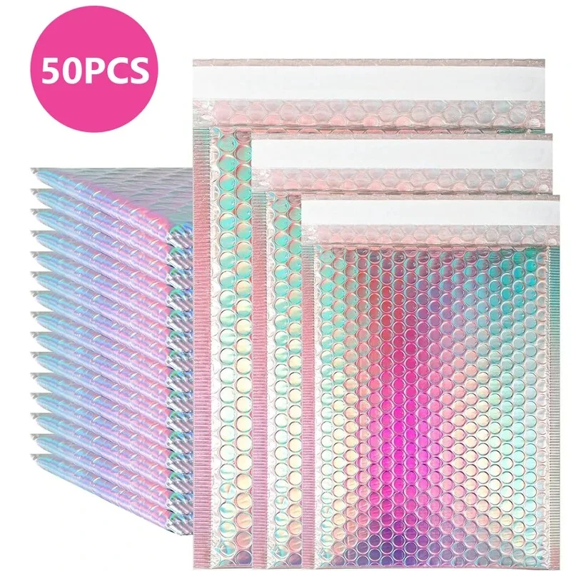 50 Pcs Shipping Packaging Rose Gold Holographic Small Business Supplies Metal Bubble Mailer Bags Envelope Mailing Office School