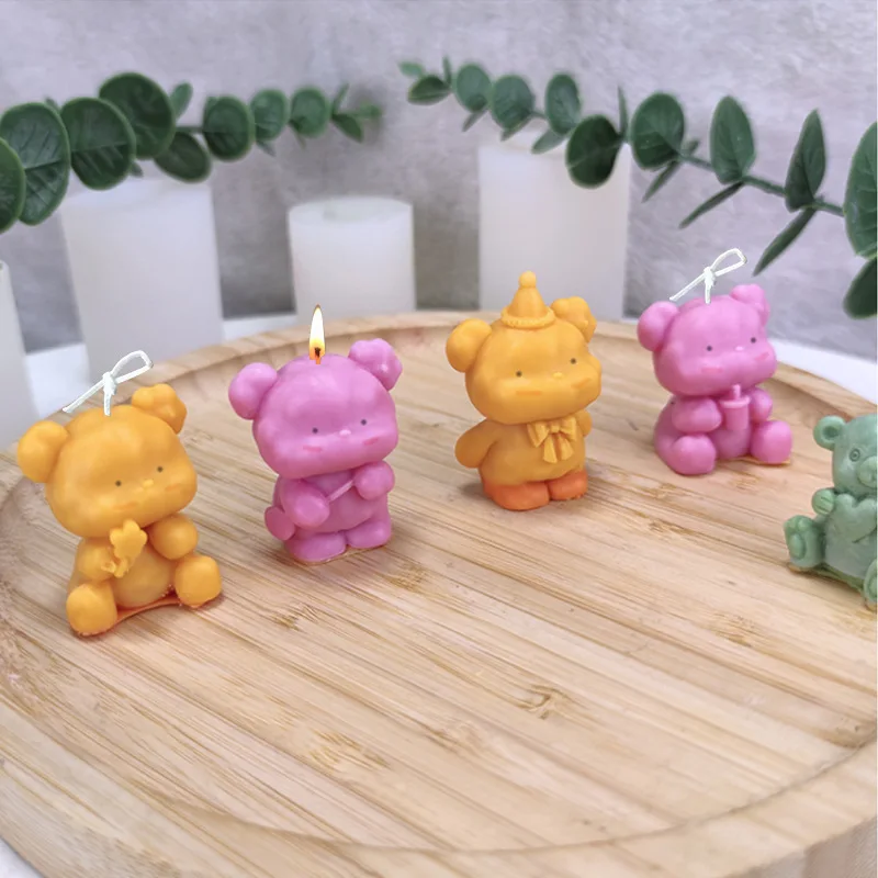 Small Bear Silicone Candle Mold DIY 3D Cake Bow Bear Scented Gypsum Concrete Mould Cute Cartoon Bear Birthday Cake Baking Deco