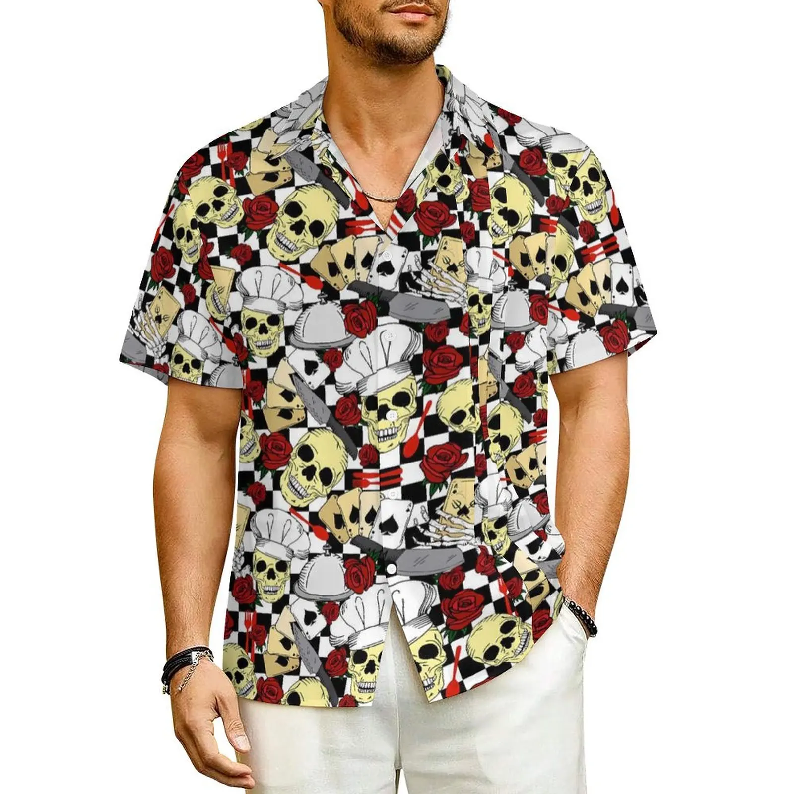 

Cool Skull Casual Shirt Black White Checkerboard Vintage Hawaiian Shirts Man Short Sleeve Beach Y2K Fashion Plus Size Blouses