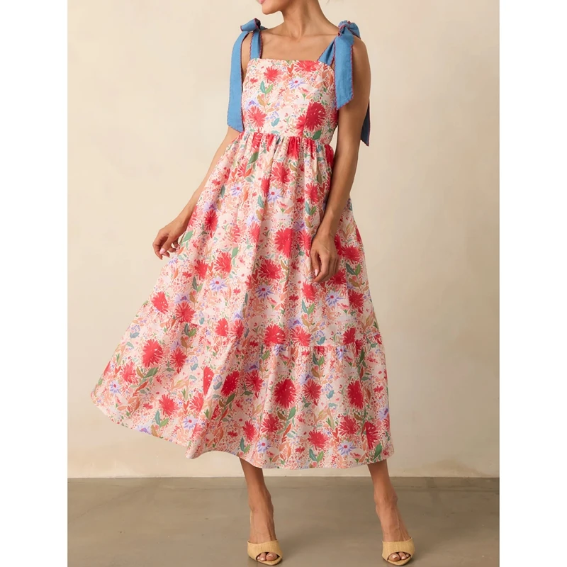 Combhasaki Abito lungo da donna estivo con spalline larghe, fiocco legato, collo quadrato, stampa floreale, smock, senza schienale, fluido, a trapezio