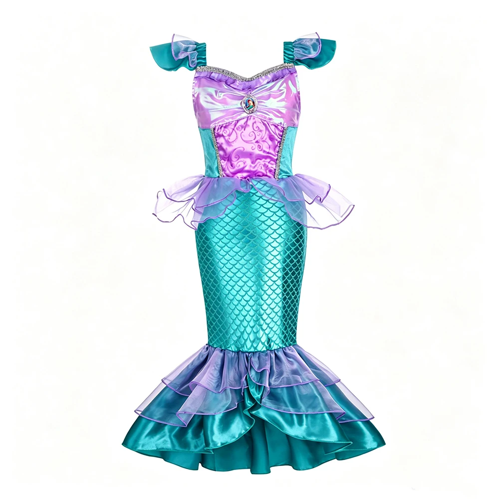 Lila Meerjungfrauen-Kostüm, ärmelloses langes Kleid mit Muschelkette und Krone für Mädchen, Halloween-Party, Cosplay, Sommer-Outfit – Detail 3