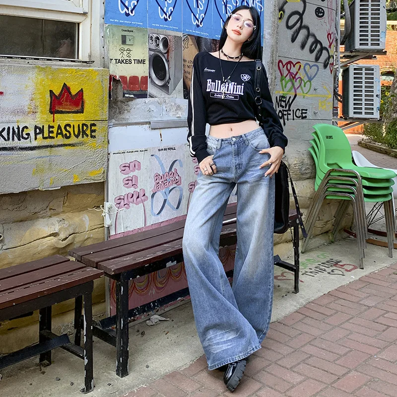

25Th Ootd!｜Washed Distressed Jeans 2024 New Style Floor-Length Slimming Loose Straight Wide-Leg Pants