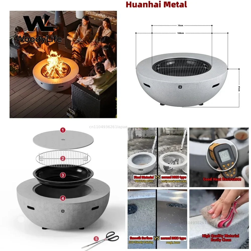 42.5 Inch 108cm Large Metal Fire Pit for Outdoor Use Fire Bowl for BBQ Grill Smokeless Round Table Garden Fire Pits for Patio
