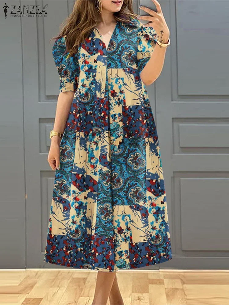 2025 ZANZEA Women Summer Printed Dress Fashion V-neck Midi Sundress Vintage Puff Short Sleeve Robe Holiday Bohemian Dresses