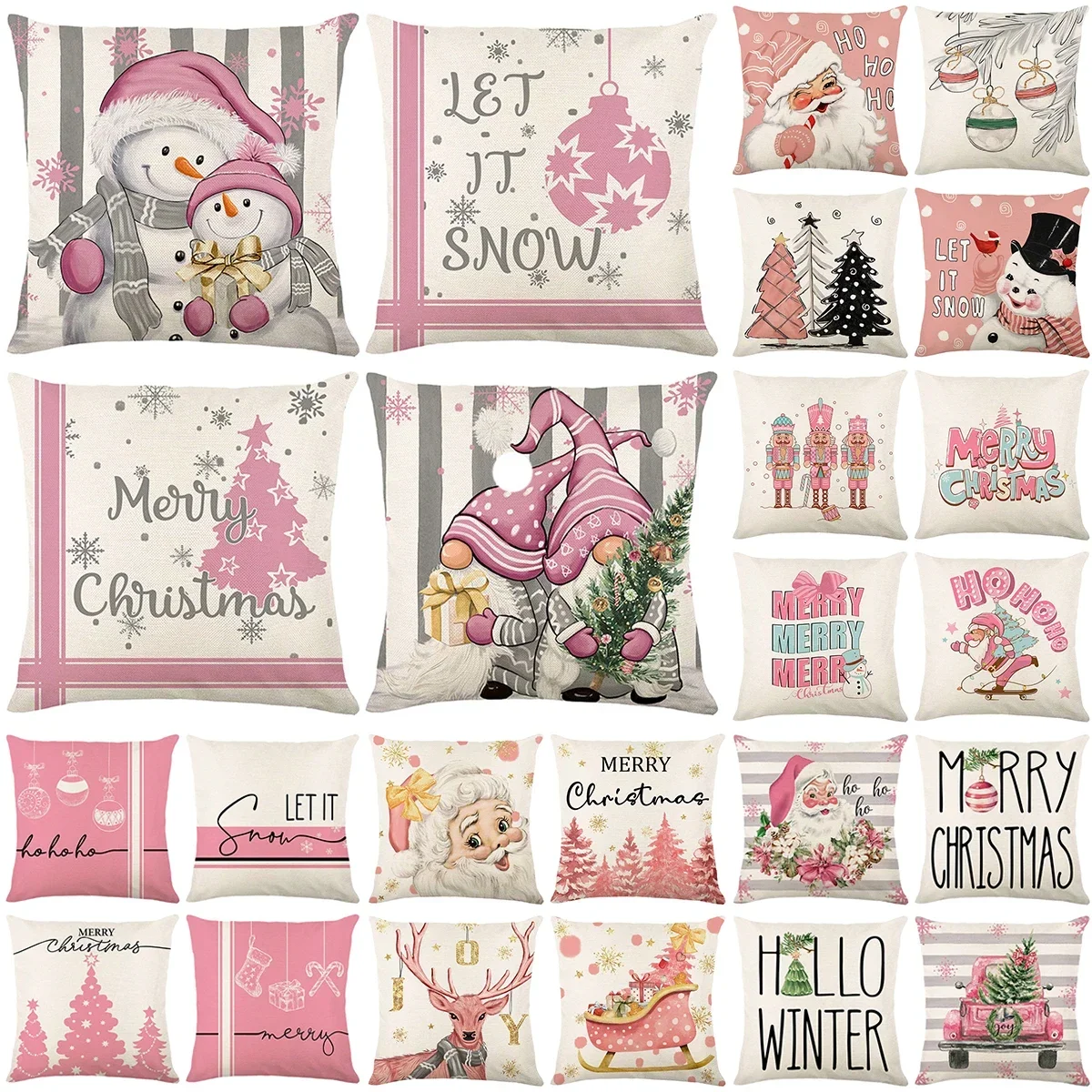 Christmas Cushion Cover 45×45cm Xmas Throw Pillow Covers Christmas Cartoons Pink Theme Pillowslip Home Decor Pillowcase