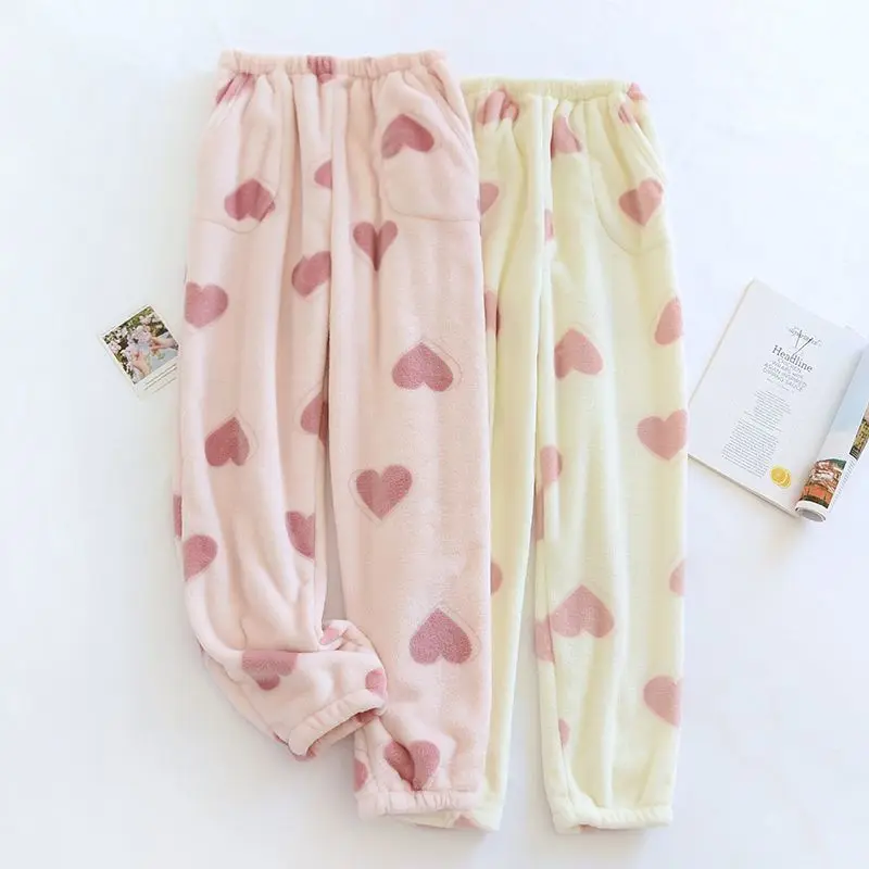 Pijama de felpa con estampado de corazón para mujer, pantalones de dormir cálidos, ropa de casa, pantalones peludos, nuevo, Invierno