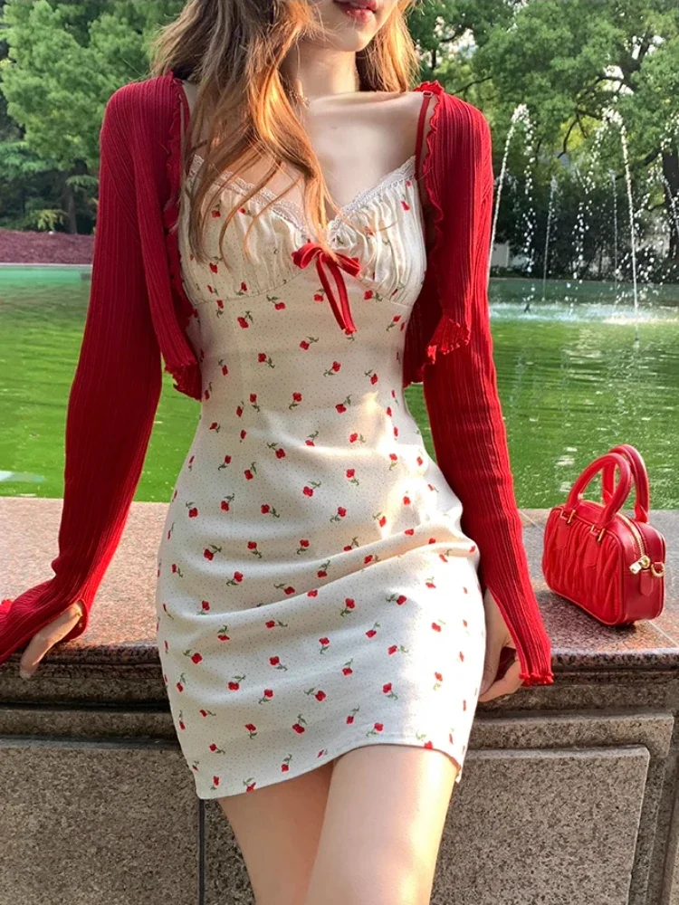 2023 Autumn New Sweet 2 Piece Dress Set Woman Red Short Cardigan Tops + Strap Floral Y2k Mini Dress Party Korean Fashion Suit