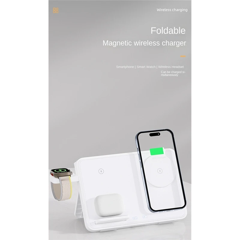 Wireless Charging Dock with LED Night Light and Foldable Design, for Fast Charging for and Watches White-ABFB view 3