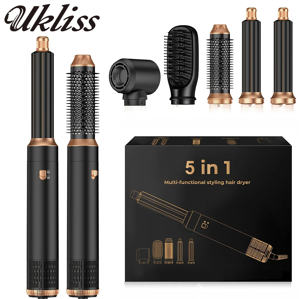 UKLISS 5 In 1 Hair Dryer Brush Electric Hot Air Straightener Multi Hair Styling Blowing Comb Rotating Curling Iron Set