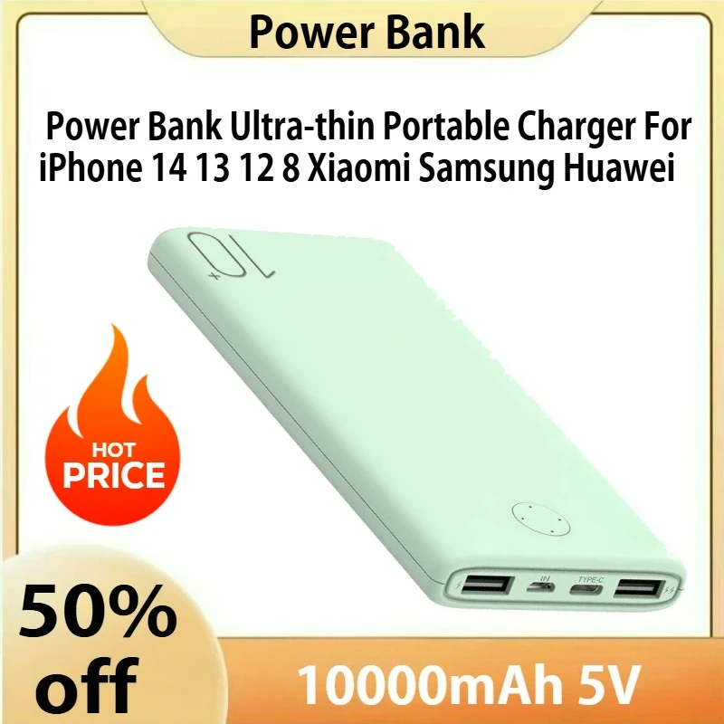 

10000mAh 5V Power Bank Ultra-thin Portable Charger For iPhone 14 13 12 8 Xiaomi Samsung Huawei External Battery PowerBank