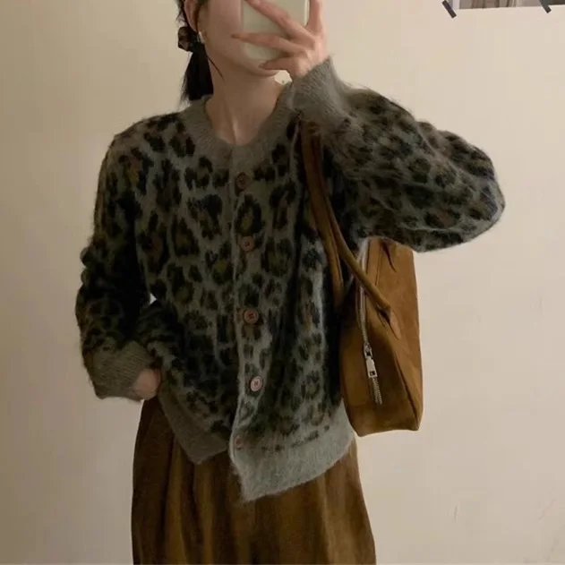 Осенне-зимний вязаный свободный свитер в стиле ретро с леопардовым принтом, свободный верхний кардиган