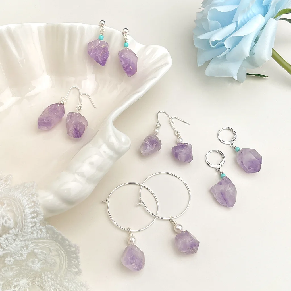 

Light Purple Geometric Natural Stone Pendant Dangle Drop Earrings for Women Trendy Amethyst Big Statement Wedding Jewelry Gifts