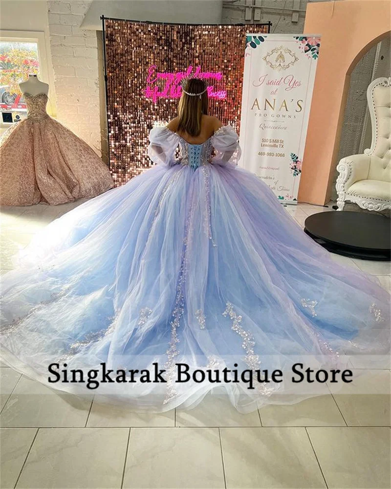 มาใหม่ล่าสุด2023 Quinceanera ชุดชุดไปงานเต้นรำ2022หวาน16ลูกปัดผู้หญิง Appliues Sequins Puffy เสื้อ Graduation Party เจ้าหญิง