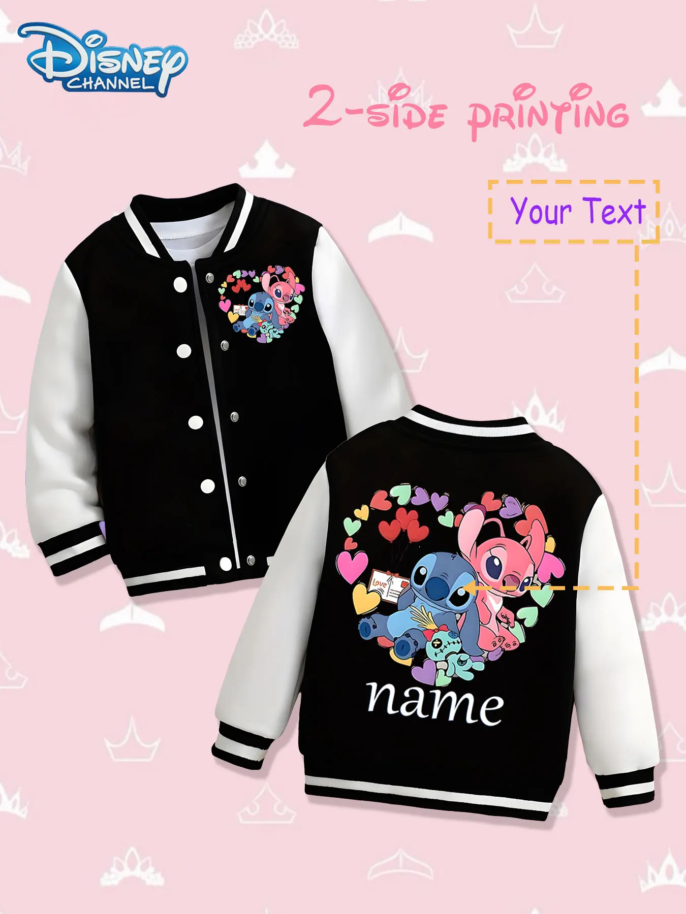 

MINISO Disney Stitch Heart Kids Baseball Jacket - The Stitch and Angie heart pattern is presented on both sides. The colors are