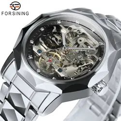 Forsining Fashion Tourbillon Skeleton Automatic Mechanical Watch for Men Luminous Hands Iced Out Watches Stainless Steel Strap