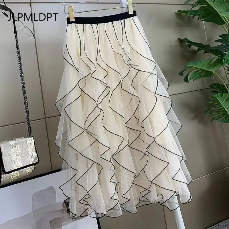 2025 early autumn new ruffle edge skirt wavy pattern thin mesh high waist A word big swing long skirt women